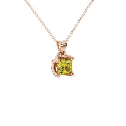 Close-up, princess canary yellow gemstone pendant, rose gold tulip setting.