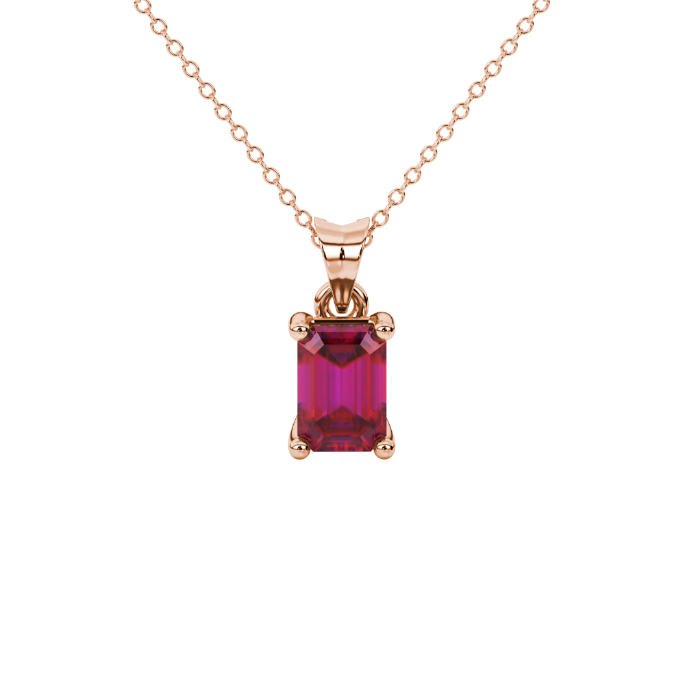 Emerald Cut Red Gemstone Solitaire Pendant in Rose Gold Four Prong Setting