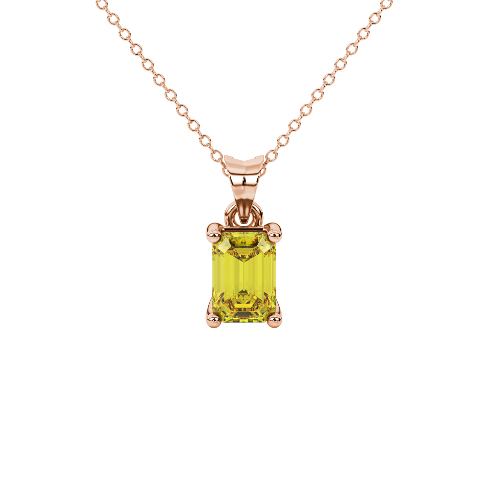 Emerald Cut Yellow Gemstone Solitaire Pendant in Rose Gold Four Prong Setting