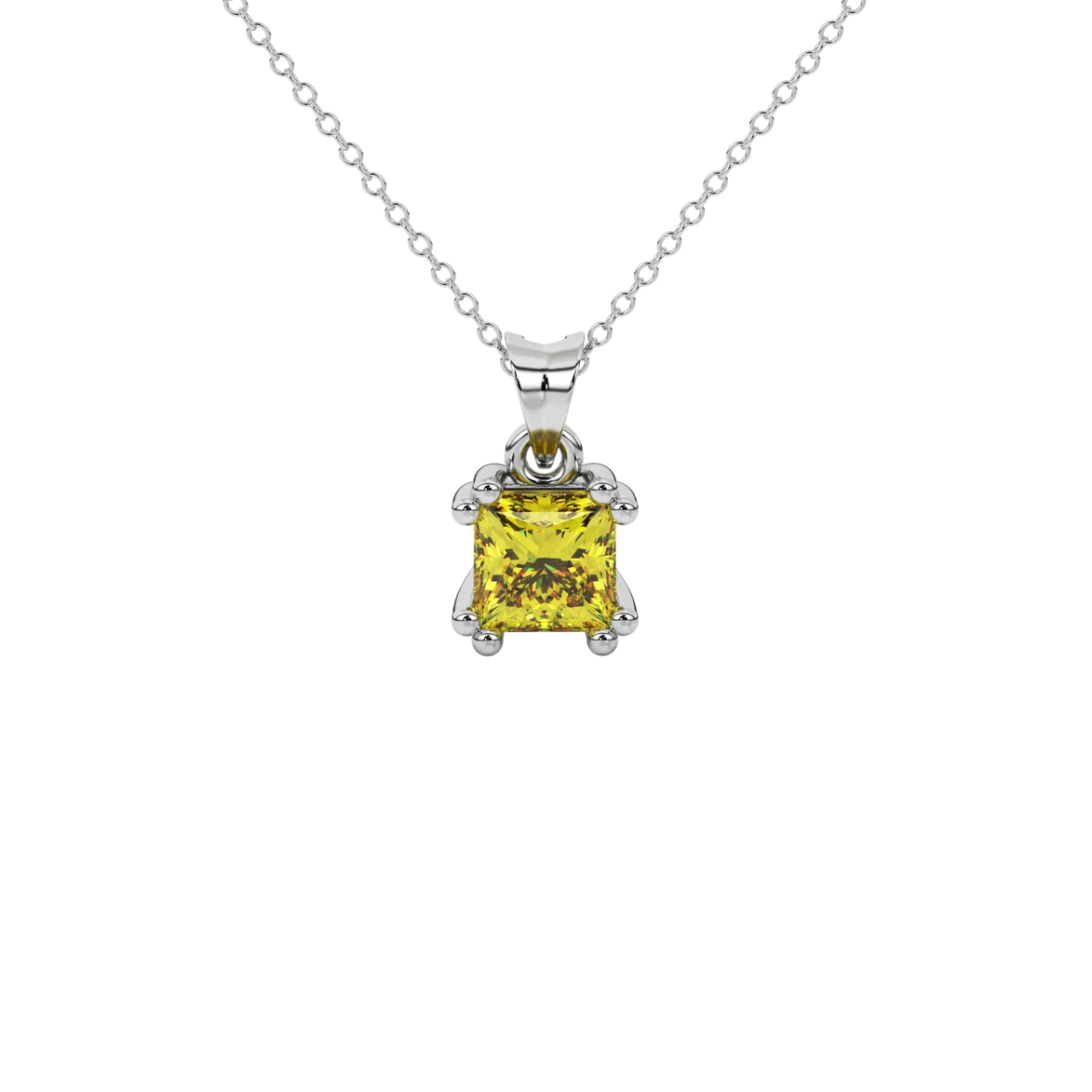 Princess canary yellow gemstone pendant, white gold vintage basket setting.