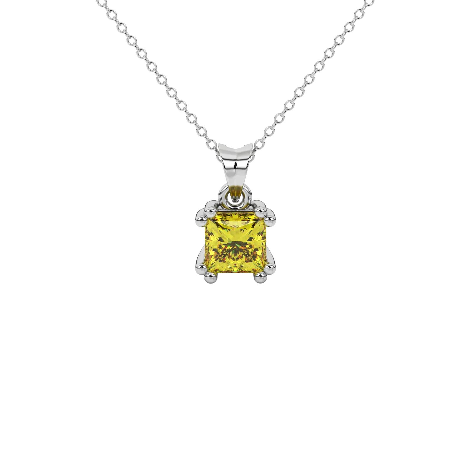 Princess canary yellow gemstone pendant, white gold vintage basket setting.