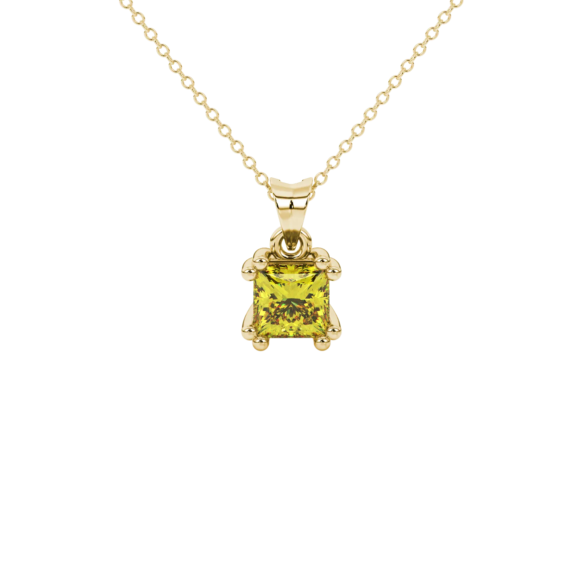 Princess canary yellow gemstone pendant, yellow gold vintage basket setting.