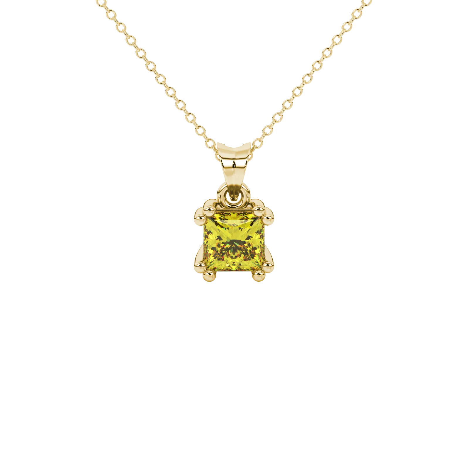 Princess canary yellow gemstone pendant, yellow gold vintage basket setting.