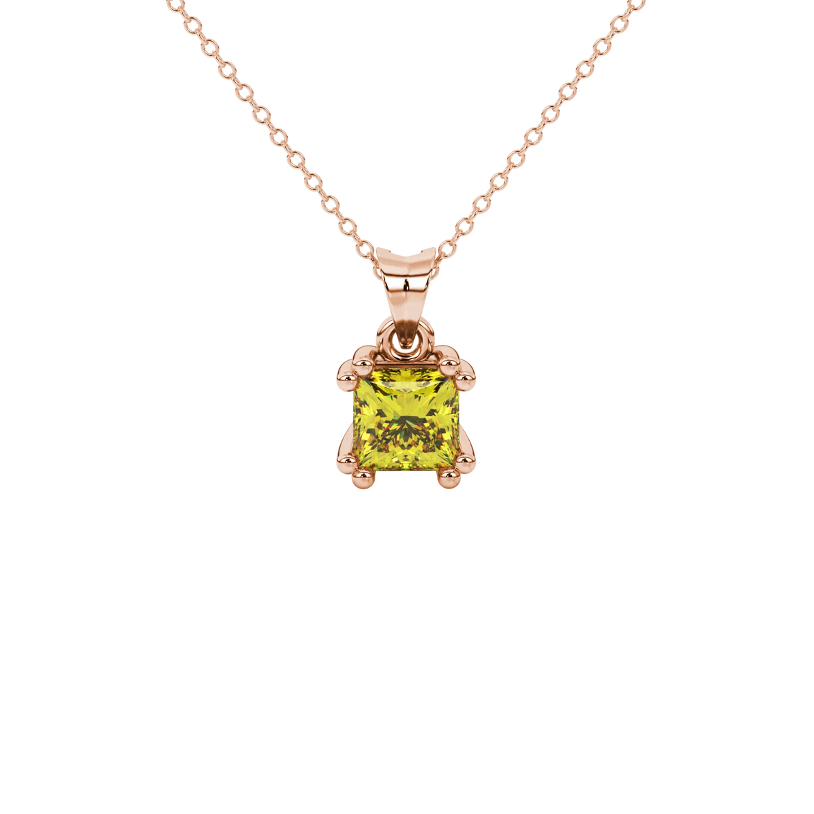 Princess canary yellow gemstone pendant, rose gold vintage basket setting.