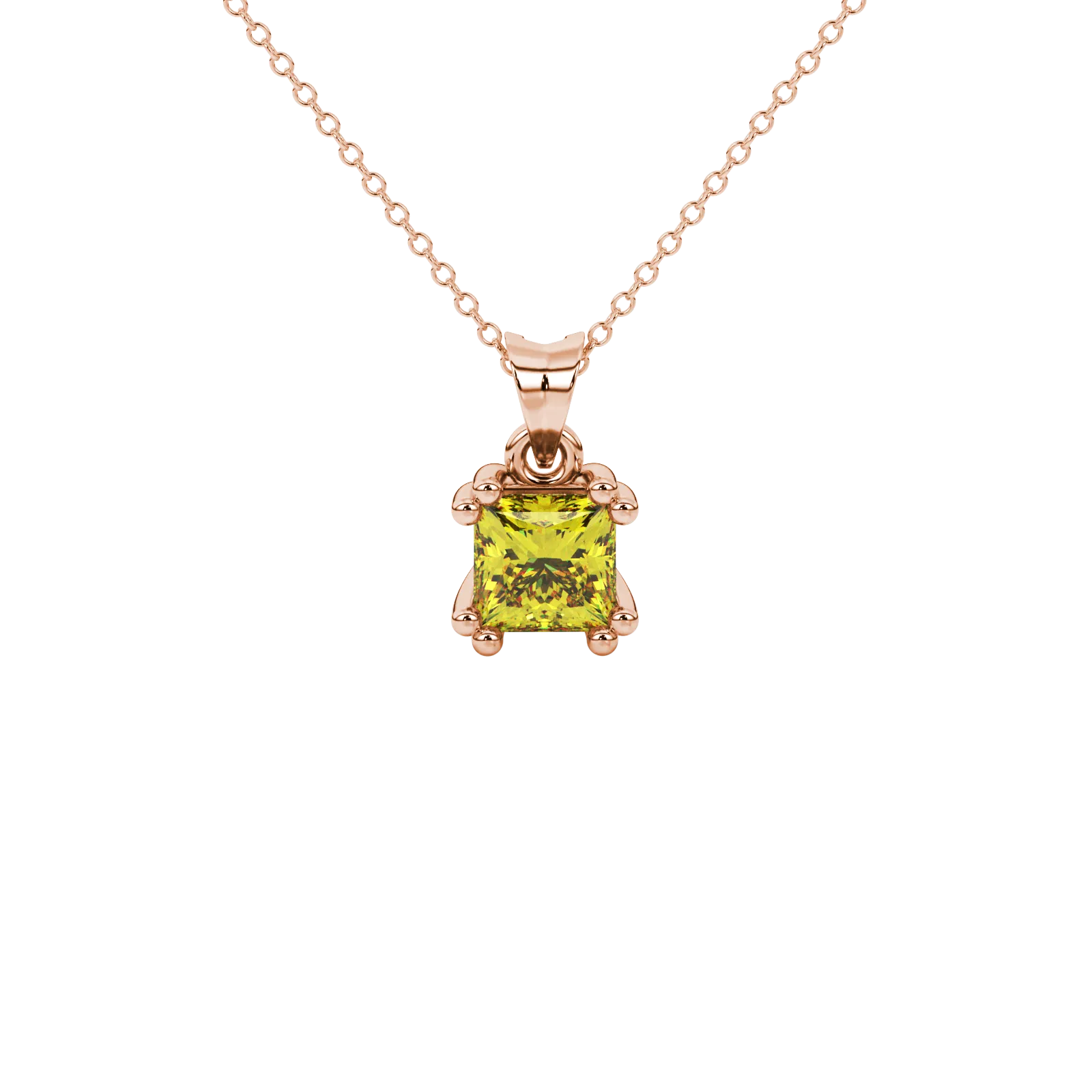 Princess canary yellow gemstone pendant, rose gold vintage basket setting.