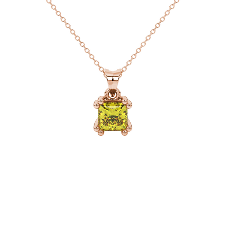 Princess canary yellow gemstone pendant, rose gold vintage basket setting.
