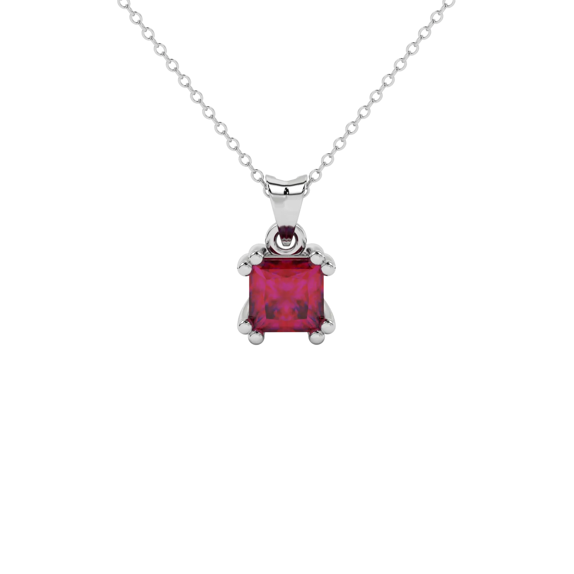 Princess raspberry red gemstone pendant, white gold vintage basket setting.