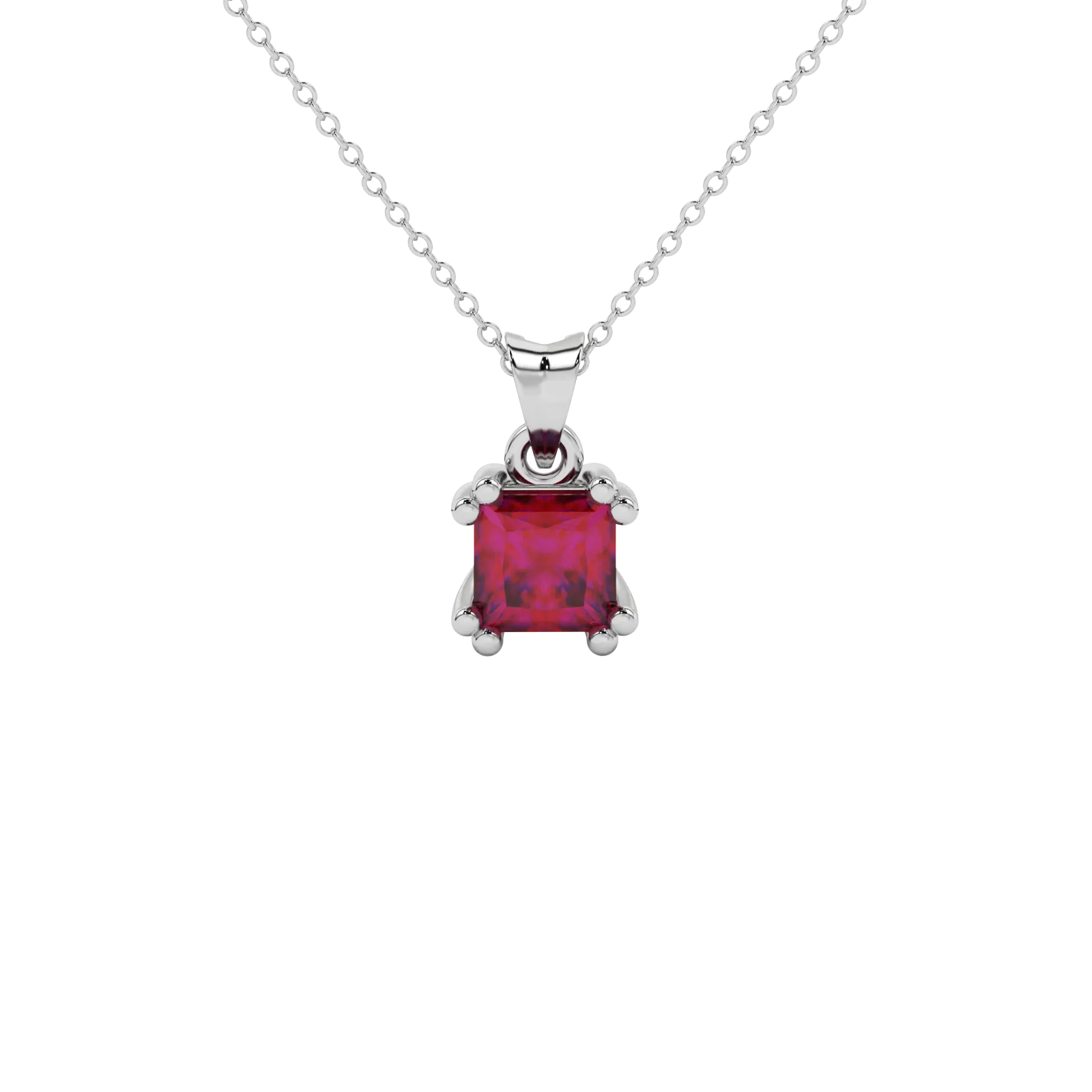 Princess raspberry red gemstone pendant, white gold vintage basket setting.