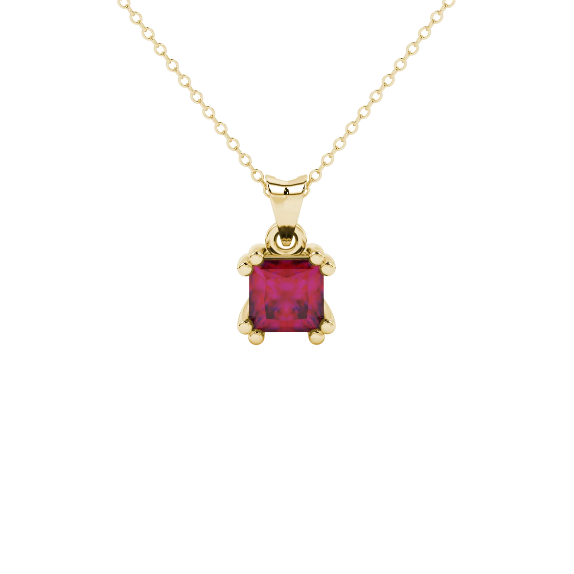 Princess raspberry red gemstone pendant, yellow gold vintage basket setting.