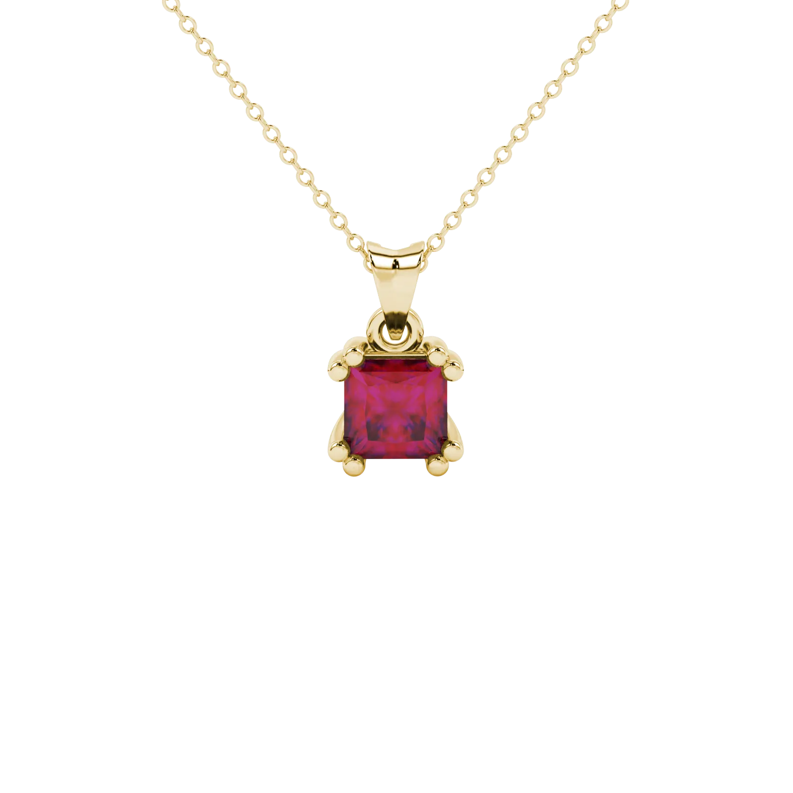 Princess raspberry red gemstone pendant, yellow gold vintage basket setting.