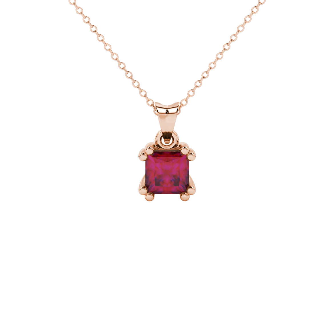 Princess raspberry red gemstone pendant, rose gold vintage basket setting.