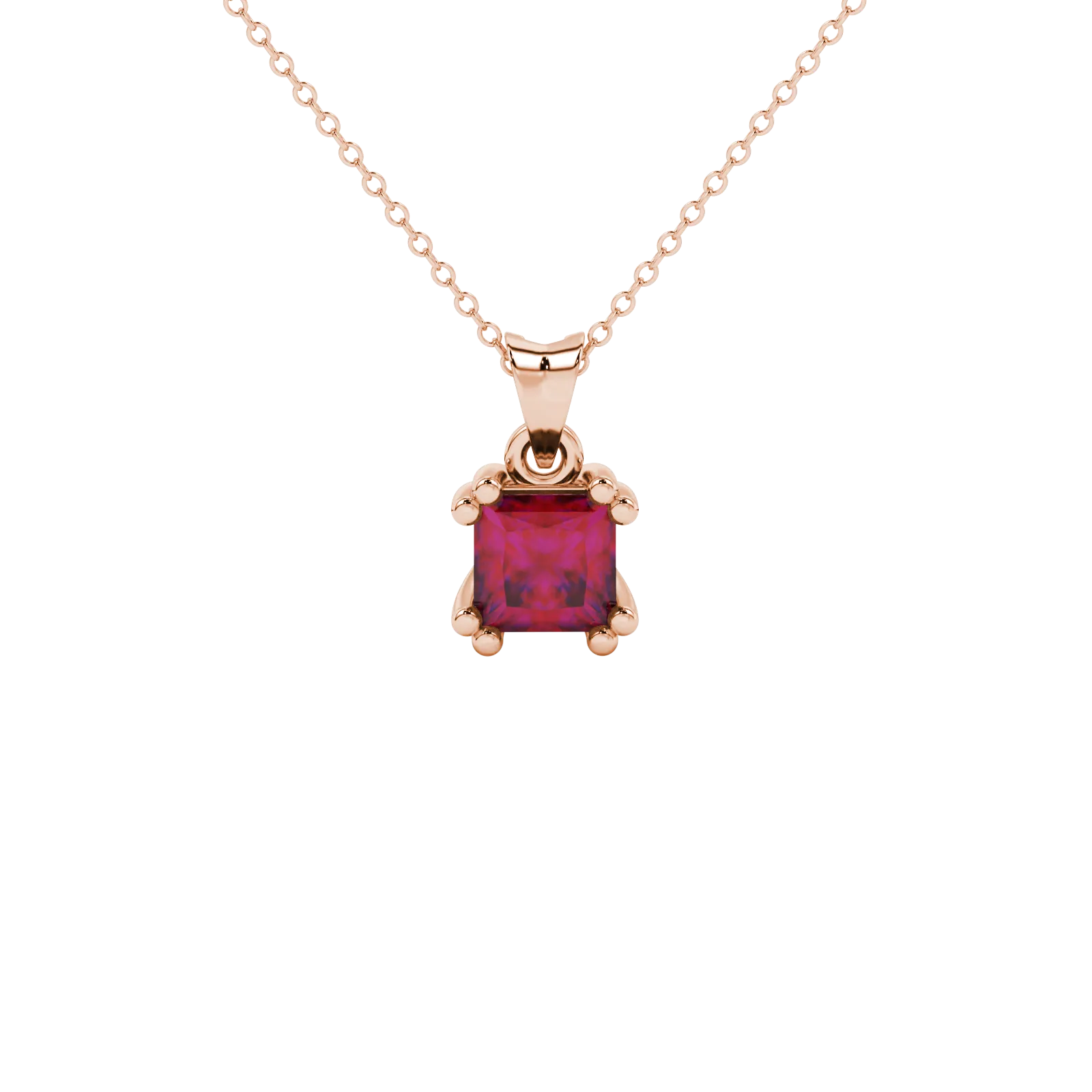 Princess raspberry red gemstone pendant, rose gold vintage basket setting.