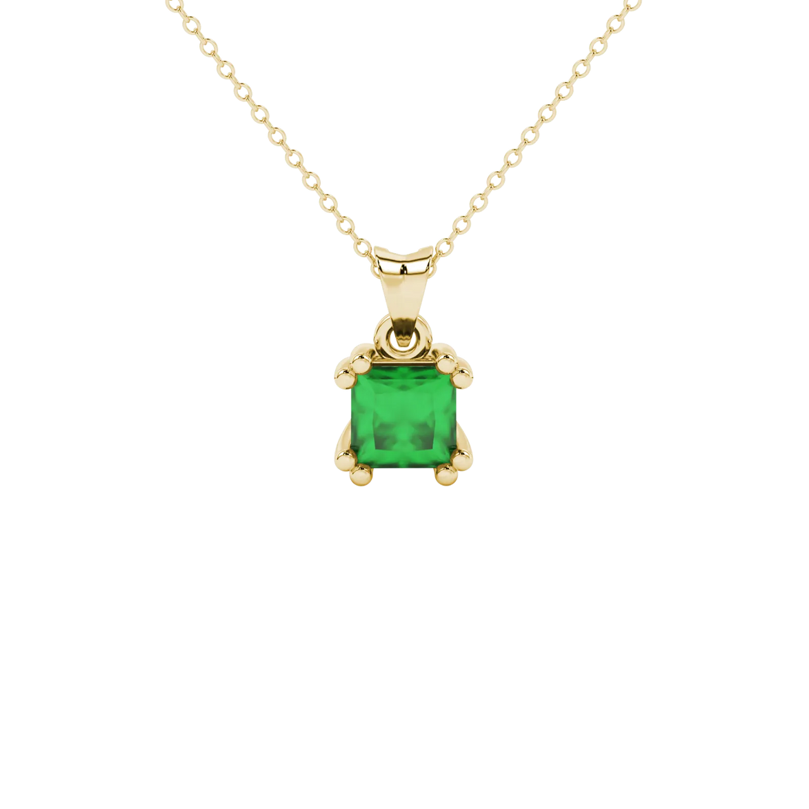 Princess emerald green gemstone pendant, yellow gold vintage basket setting.