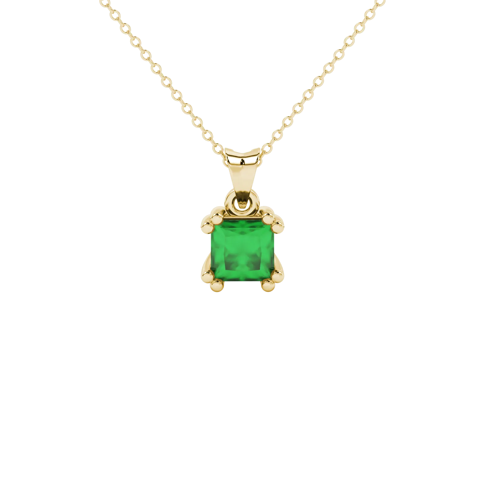 Princess emerald green gemstone pendant, yellow gold vintage basket setting.