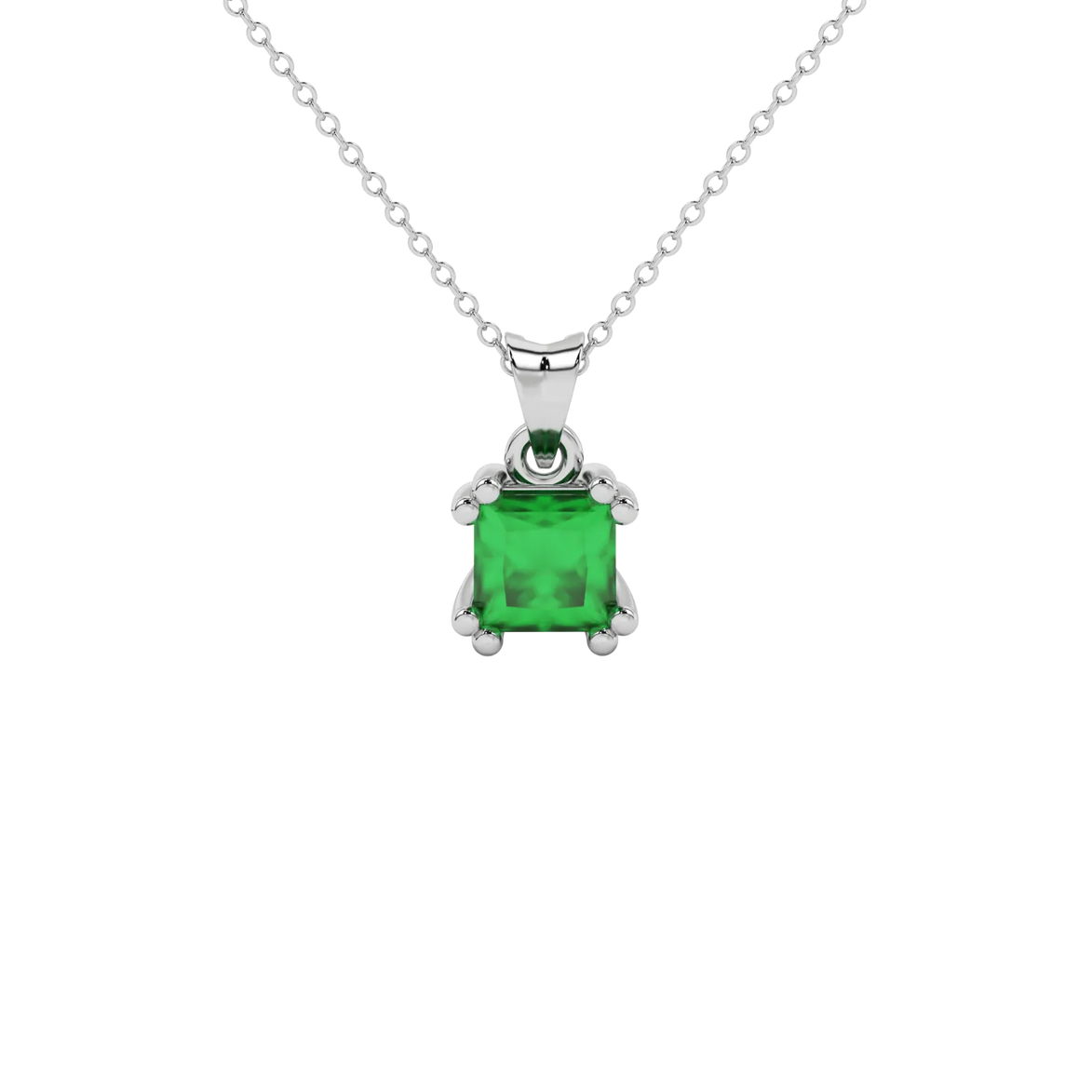 Princess emerald green gemstone pendant, white gold vintage basket setting.