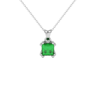 Princess emerald green gemstone pendant, white gold vintage basket setting.