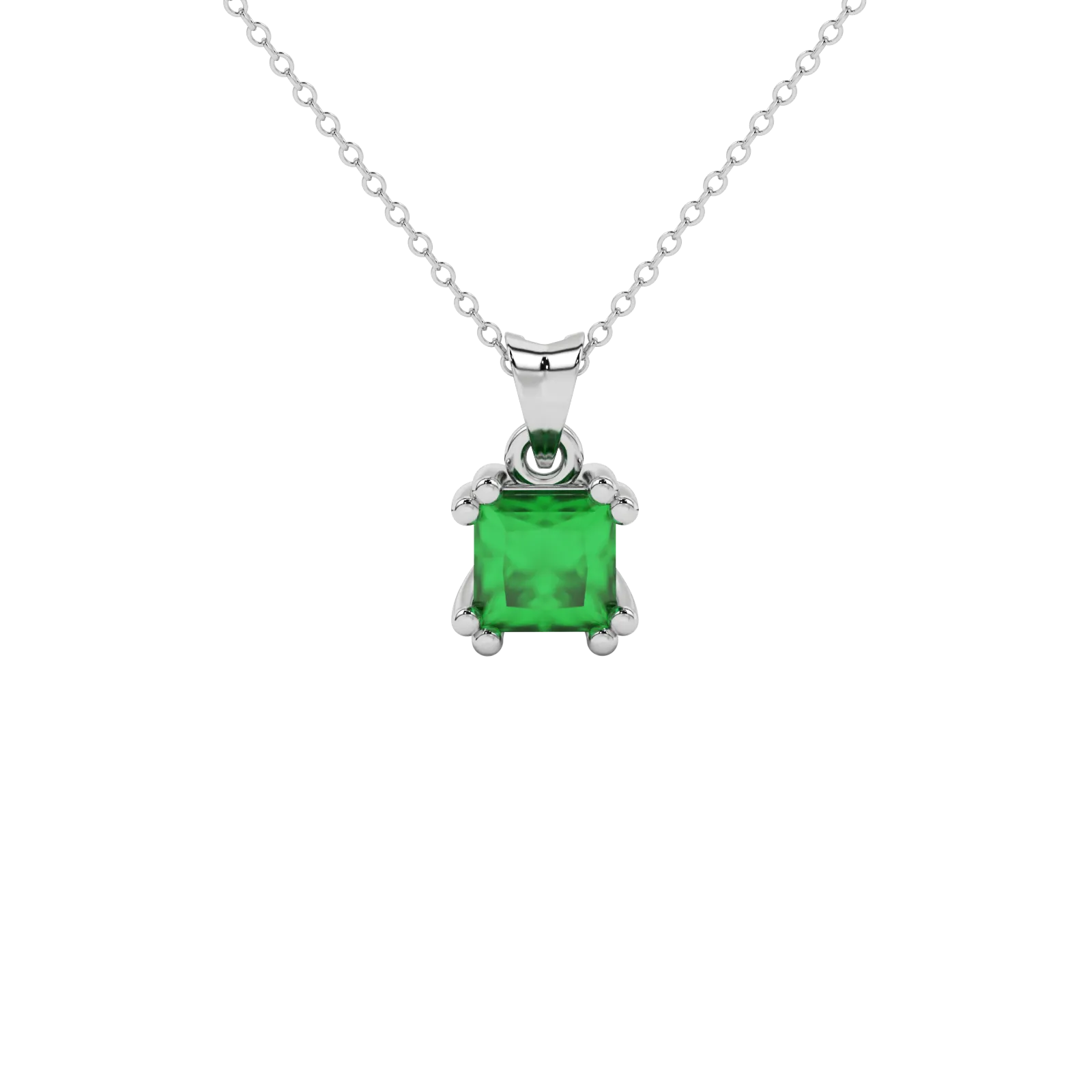Princess emerald green gemstone pendant, white gold vintage basket setting.