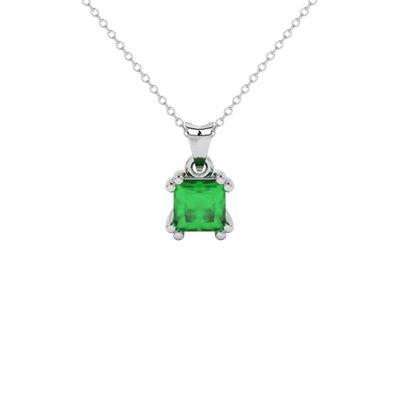 Princess emerald green gemstone pendant, white gold vintage basket setting.