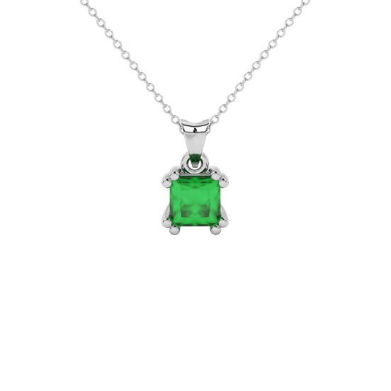Princess emerald green gemstone pendant, white gold vintage basket setting.