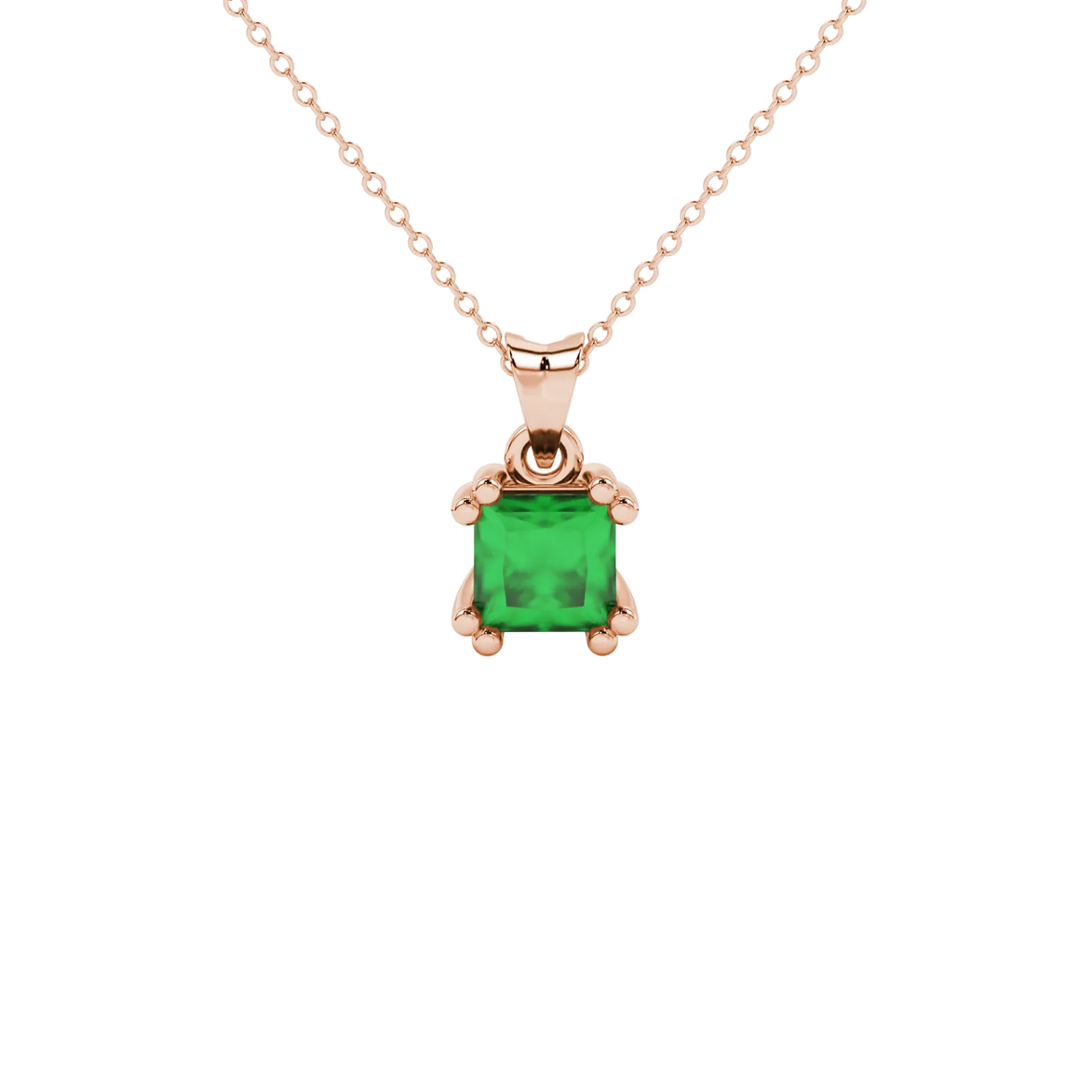 Princess emerald green gemstone pendant, rose gold vintage basket setting.