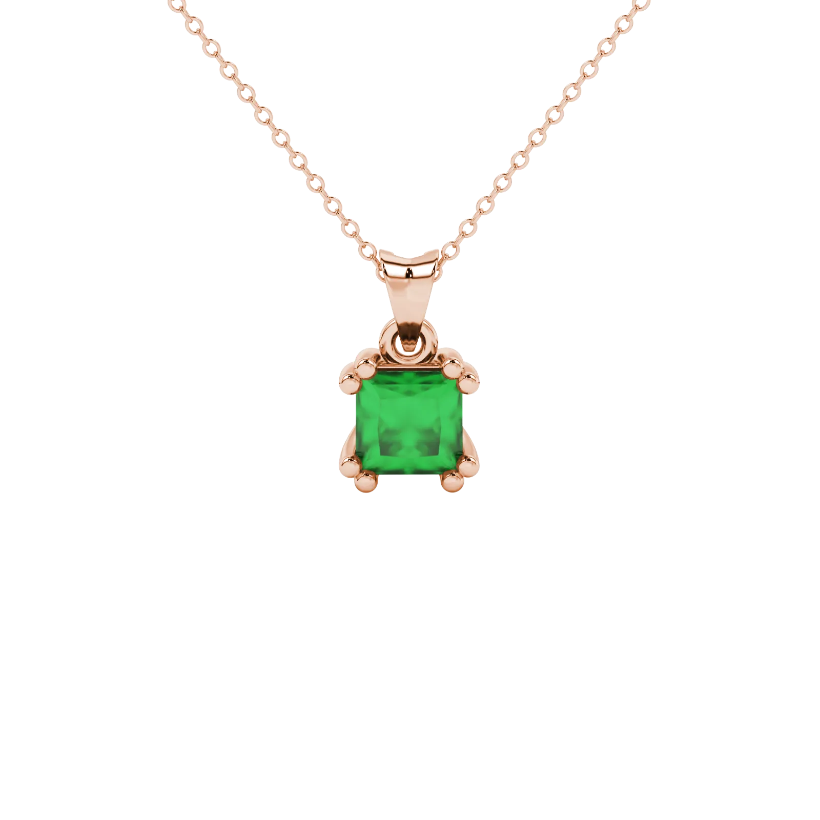 Princess emerald green gemstone pendant, rose gold vintage basket setting.