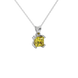 Close-up canary yellow gemstone pendant, white gold vintage setting.