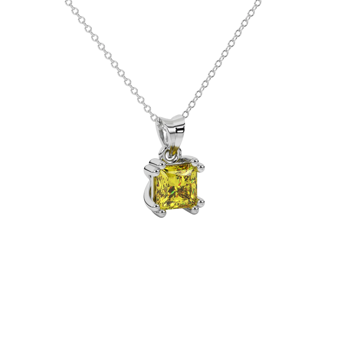 Close-up canary yellow gemstone pendant, white gold vintage setting.