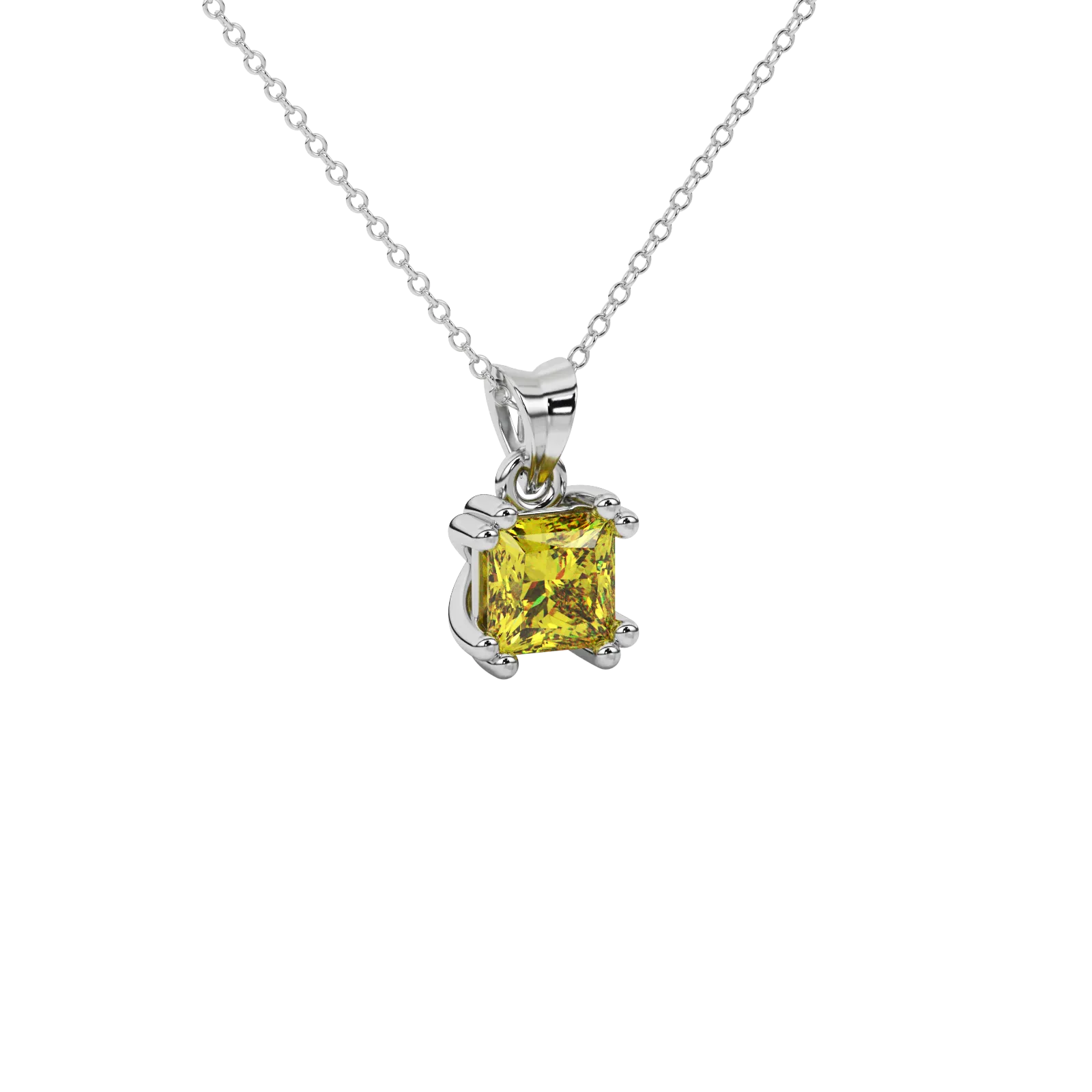 Close-up canary yellow gemstone pendant, white gold vintage setting.
