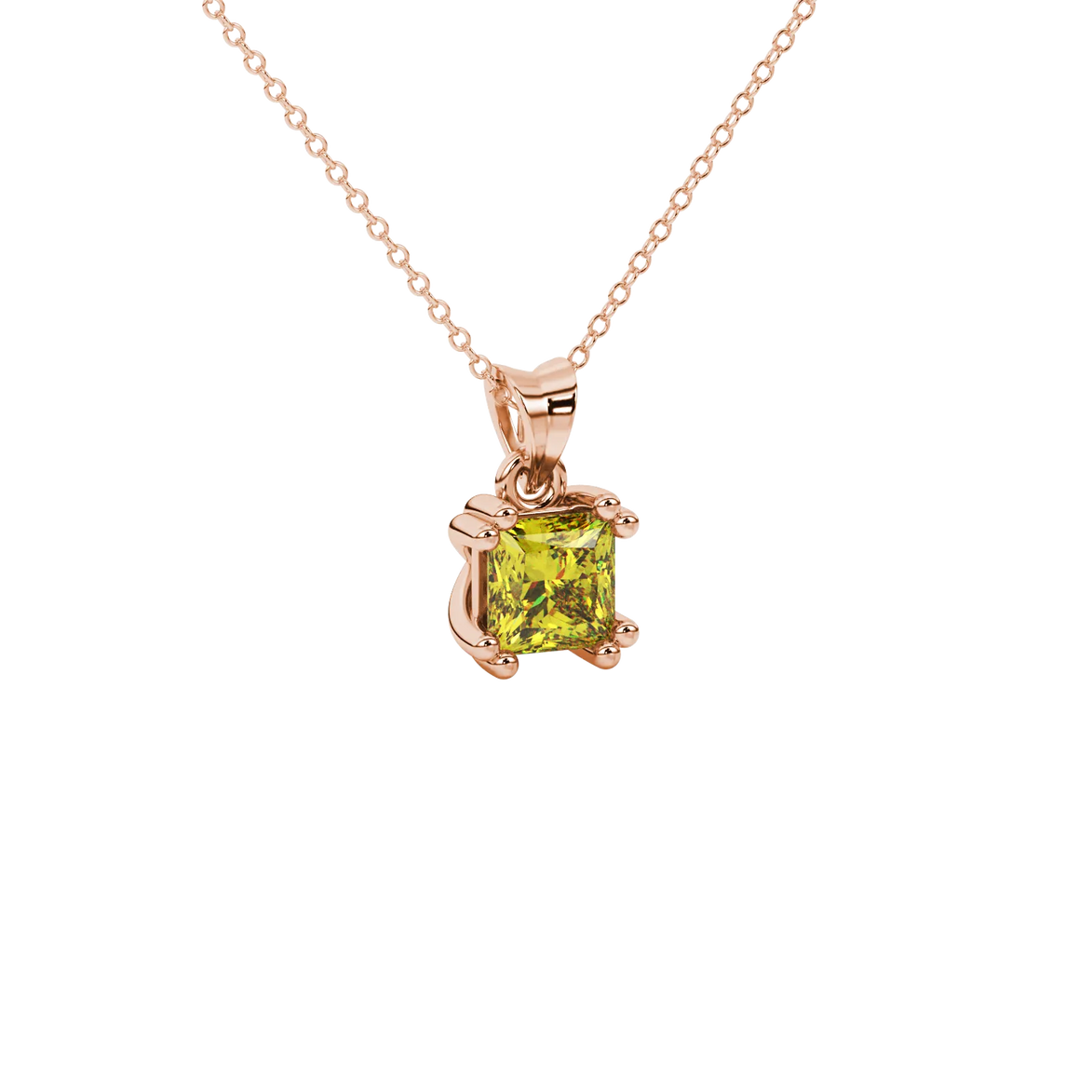 Close-up, princess canary yellow gemstone pendant, rose gold vintage setting.