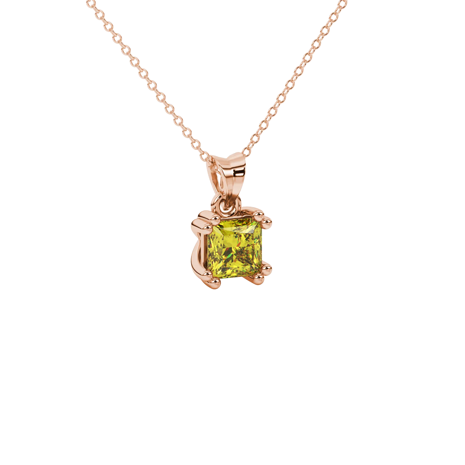 Close-up, princess canary yellow gemstone pendant, rose gold vintage setting.