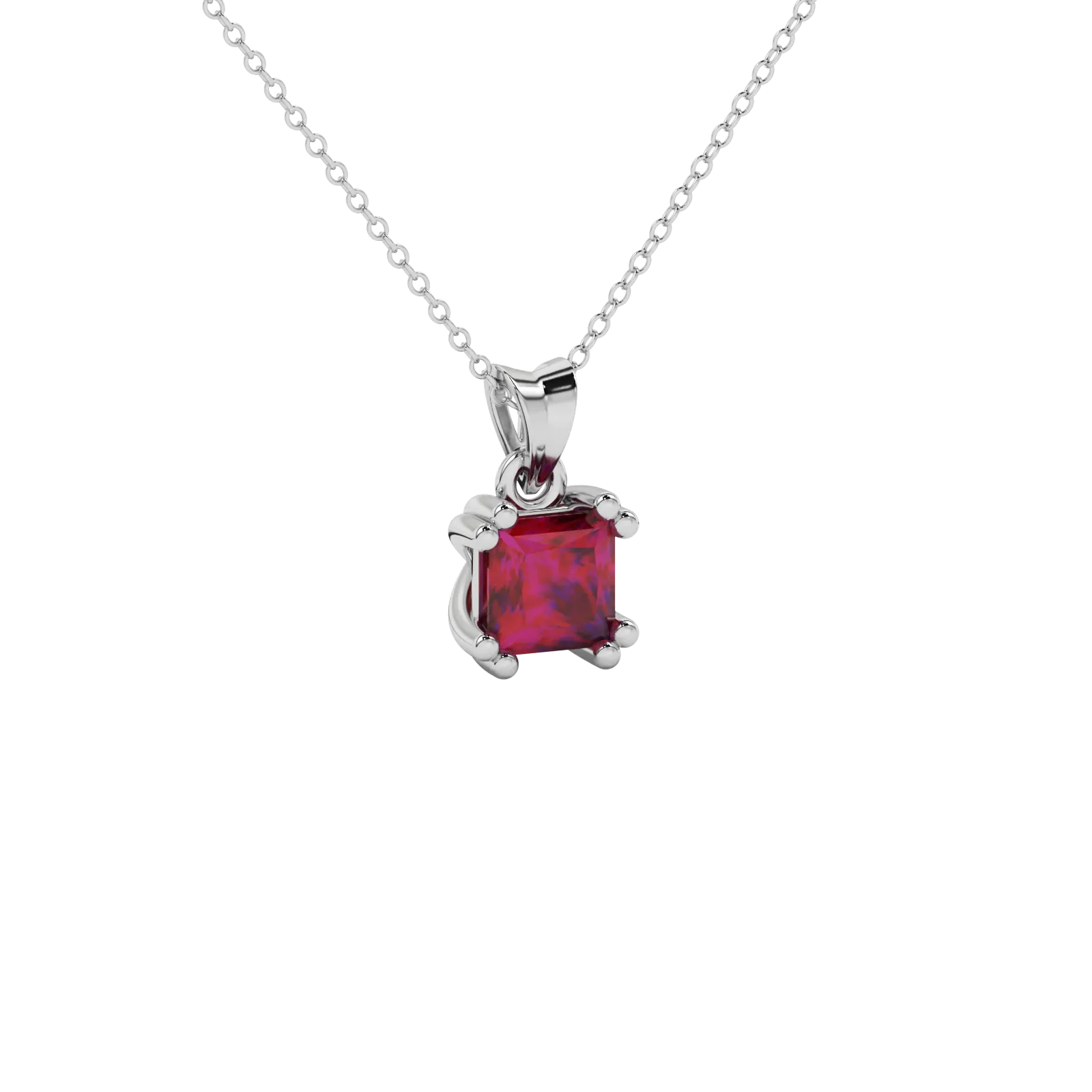 Close-up raspberry red gemstone pendant , white gold vintage setting.