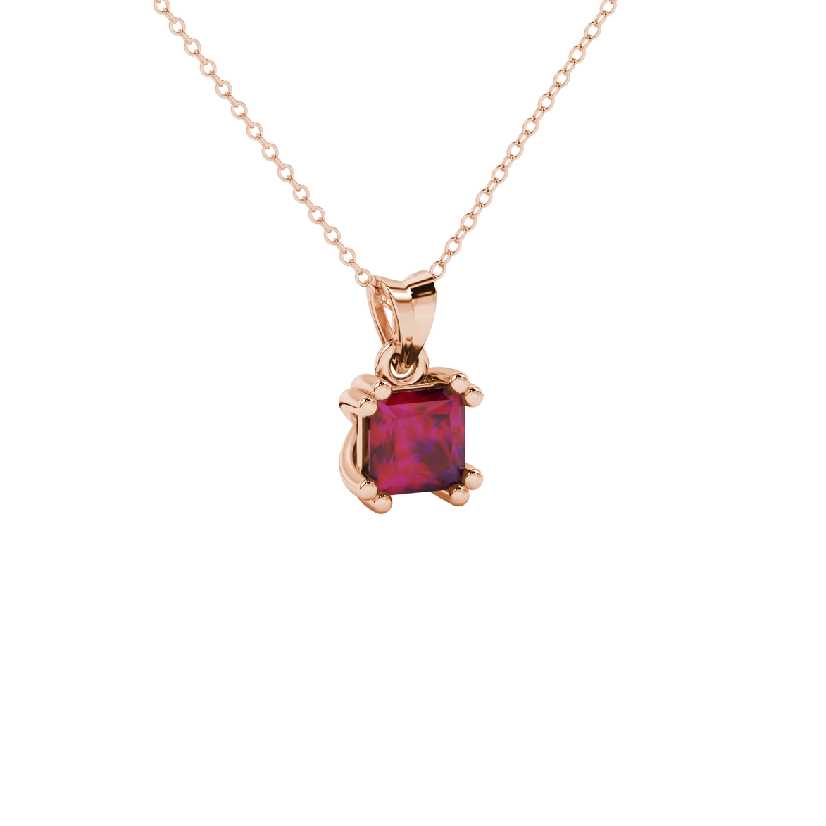 Close-up, princess raspberry red gemstone pendant, rose gold vintage setting.