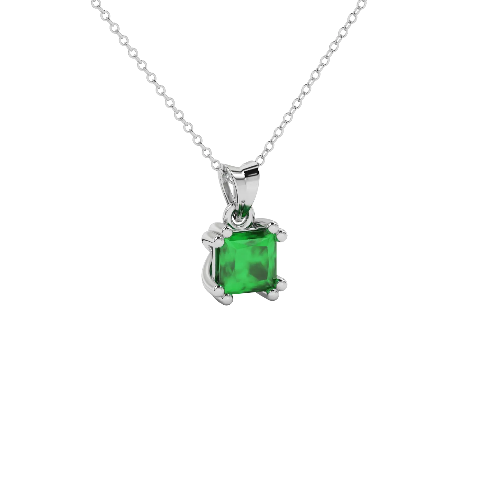 Close-up emerald green gemstone pendant, white gold vintage setting.