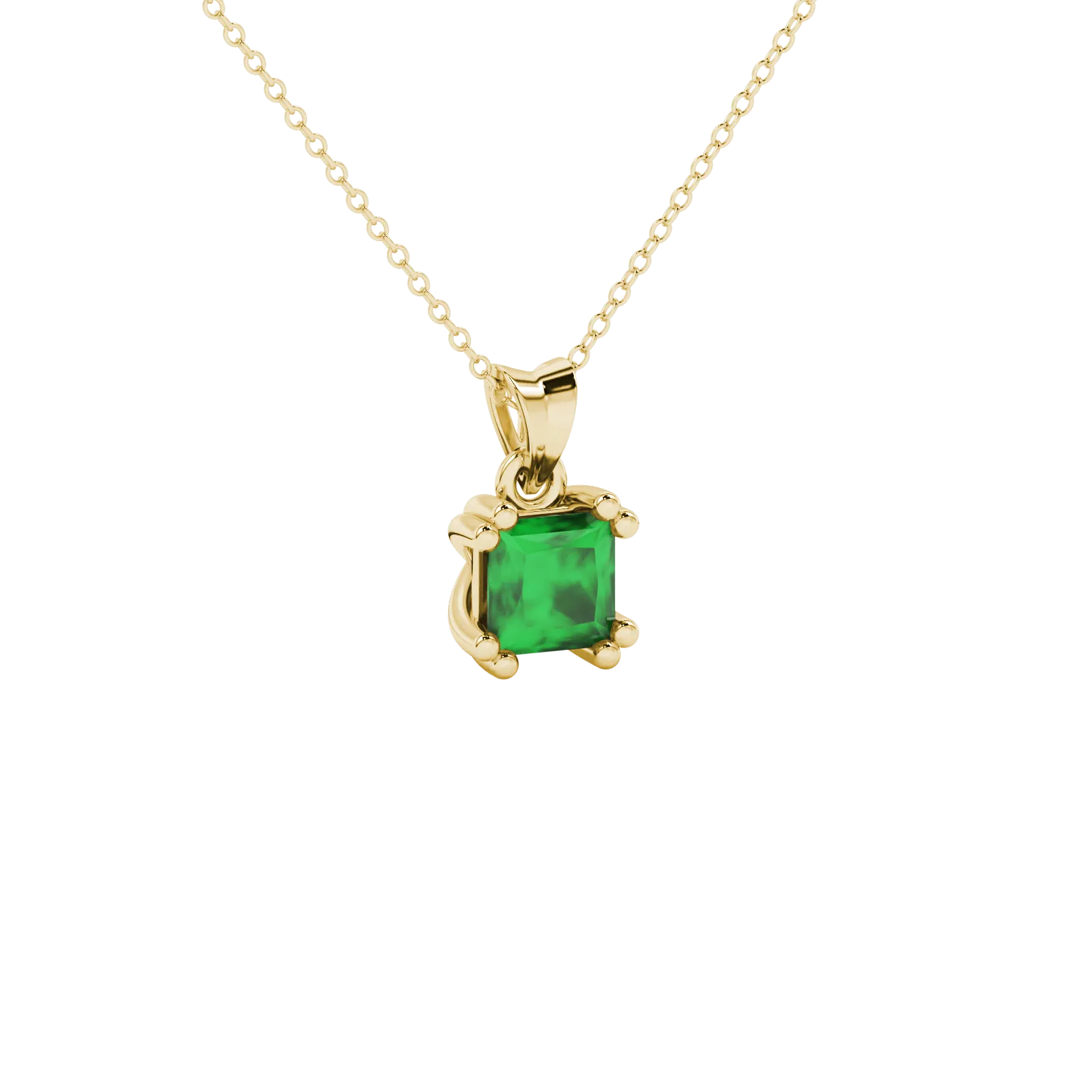 Close-up, princess emerald green gemstone, yellow gold vintage pendant.