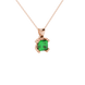 Close-up, princess emerald green gemstone pendant, rose gold vintage setting.