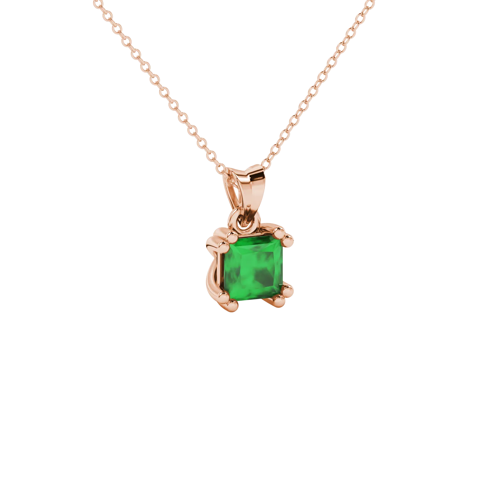 Close-up, princess emerald green gemstone pendant, rose gold vintage setting.