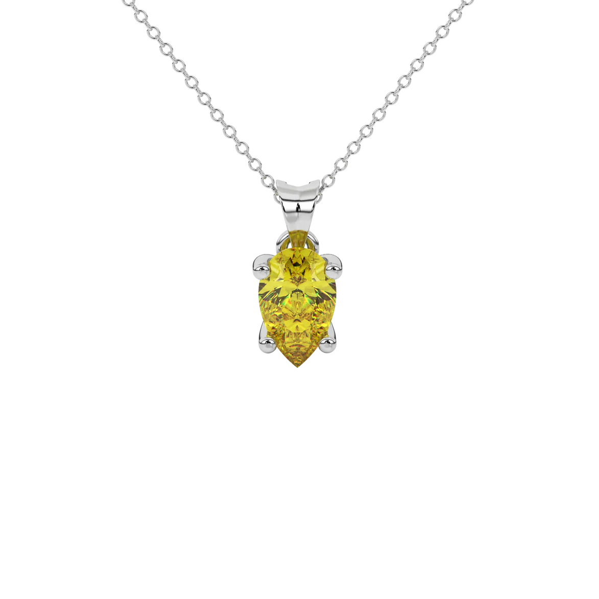 Pear shape canary yellow gemstone pendant, white gold four-prong setting.