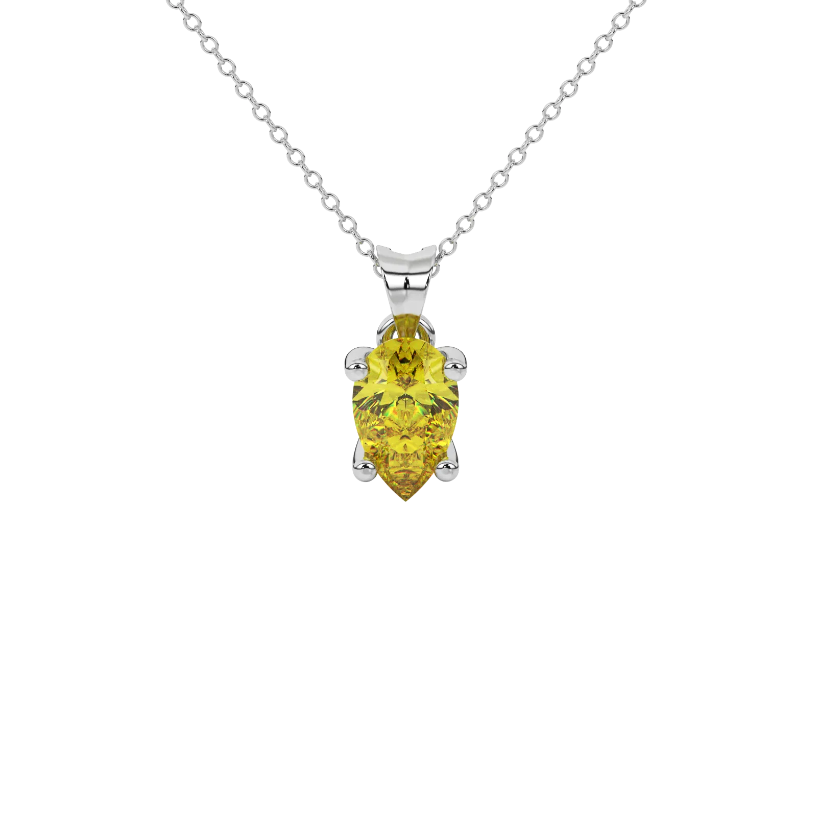 Pear shape canary yellow gemstone pendant, white gold four-prong setting.