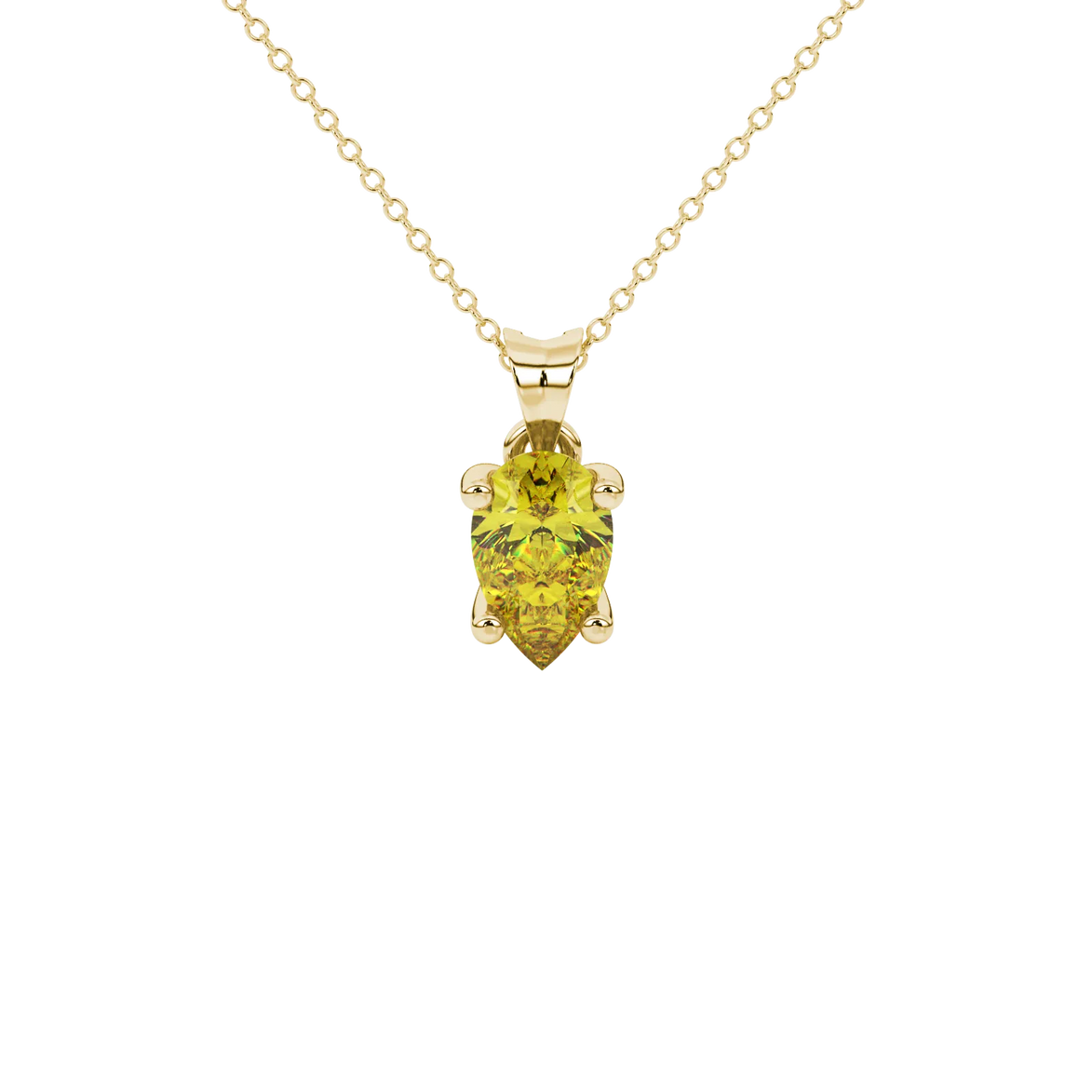 Pear shape canary yellow gemstone pendant, yellow gold four-prong setting.