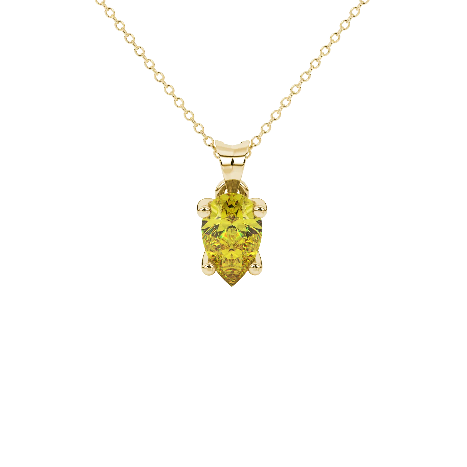 Pear shape canary yellow gemstone pendant, yellow gold four-prong setting.