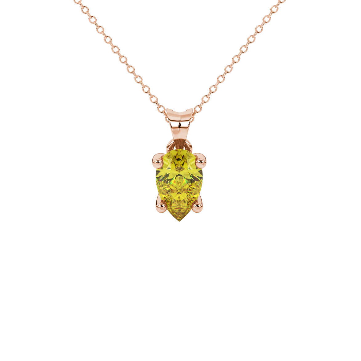 Pear shape canary yellow gemstone pendant, rose gold four-prong setting.