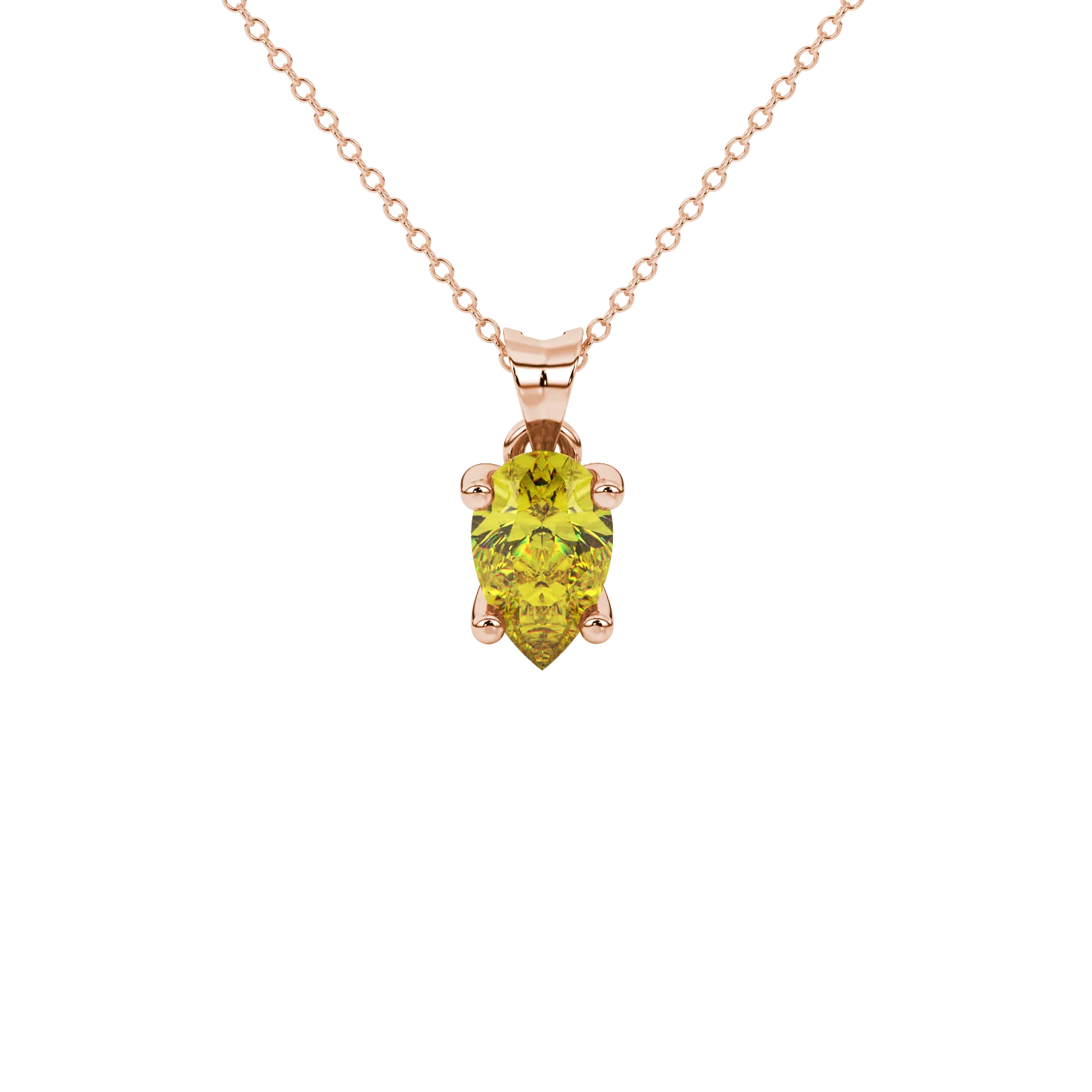 Pear shape canary yellow gemstone pendant, rose gold four-prong setting.