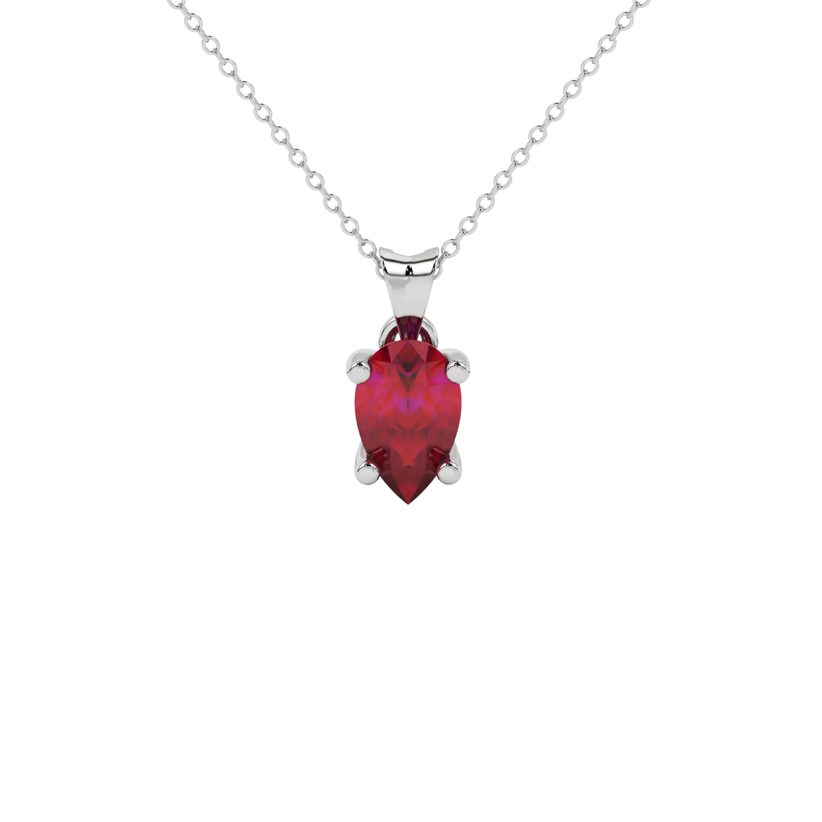 Pear shape raspberry red gemstone pendant, white gold four-prong setting.