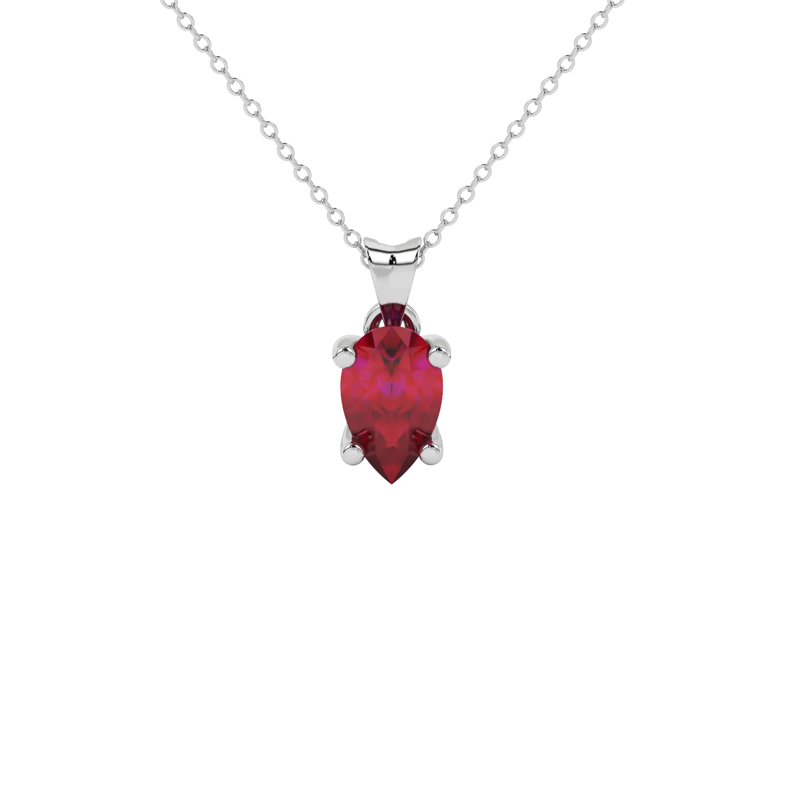 Pear shape raspberry red gemstone pendant, white gold four-prong setting.