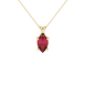 Pear shape raspberry red gemstone pendant, yellow gold four-prong setting.
