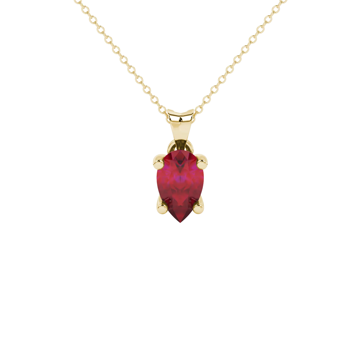 Pear shape raspberry red gemstone pendant, yellow gold four-prong setting.