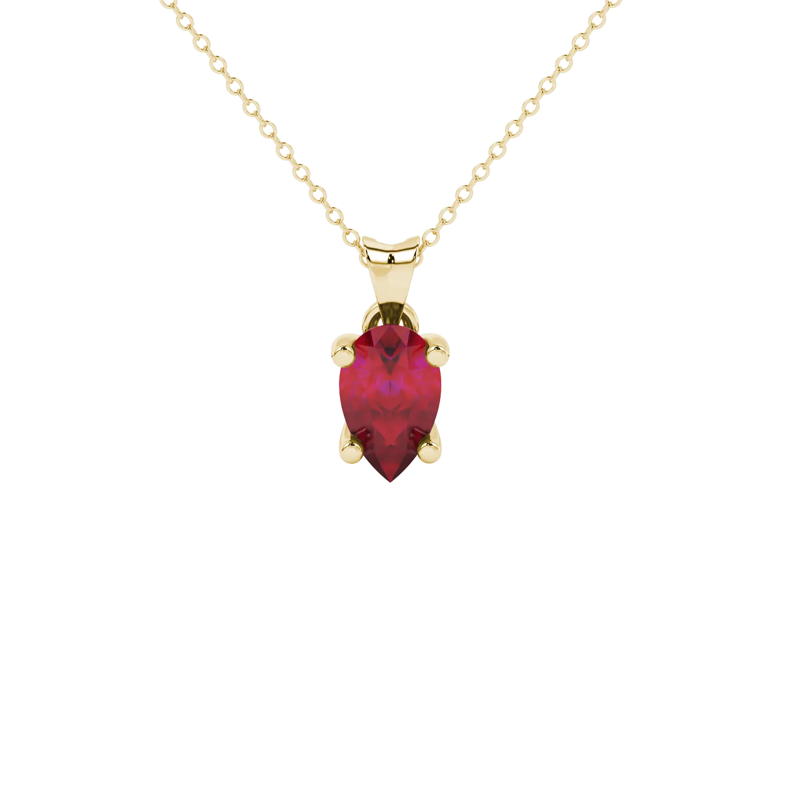 Pear shape raspberry red gemstone pendant, yellow gold four-prong setting.