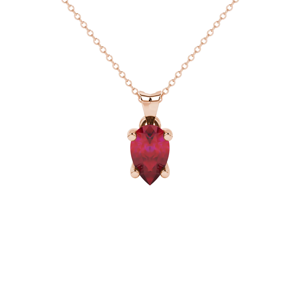 Pear shape raspberry red gemstone pendant, rose gold four-prong setting.
