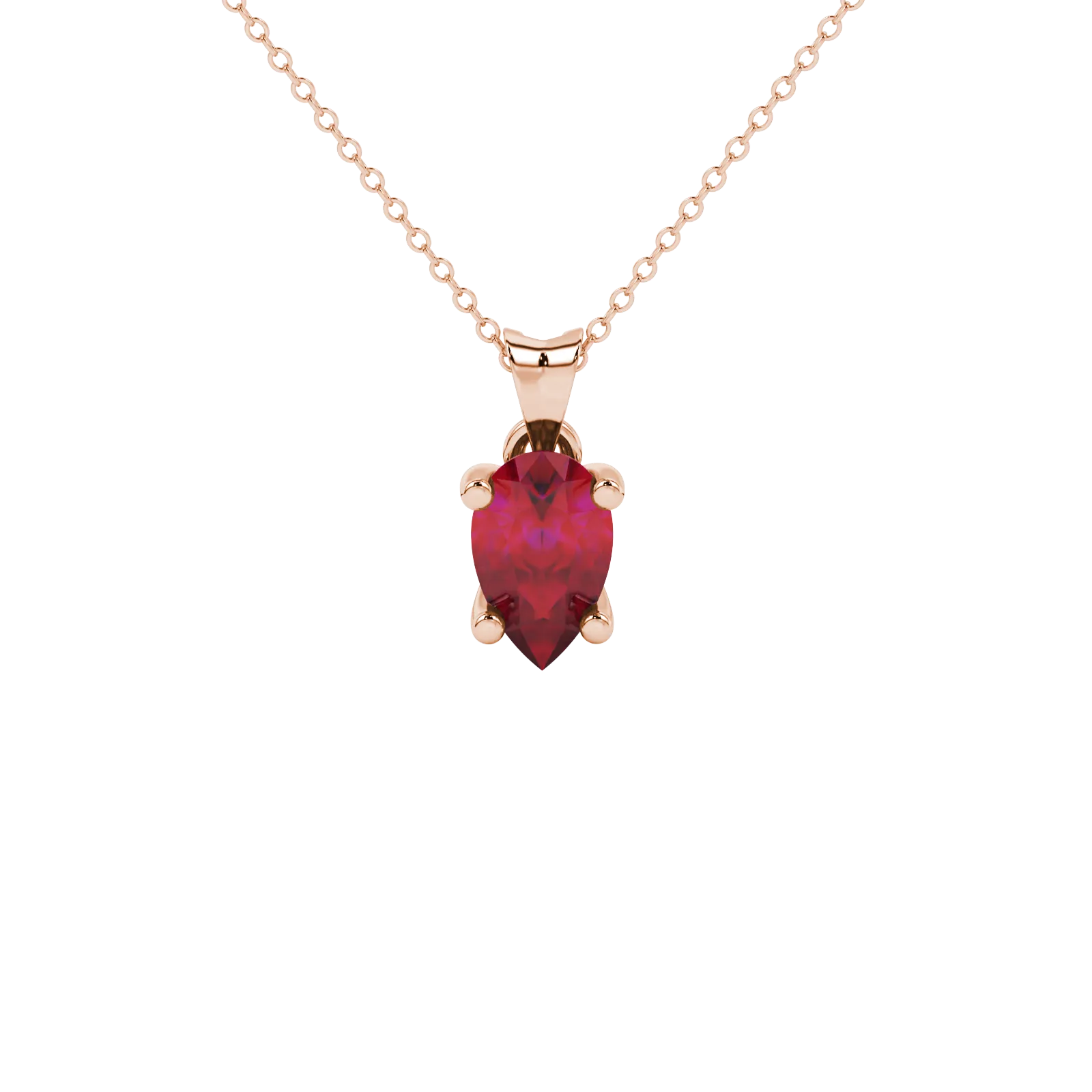 Pear shape raspberry red gemstone pendant, rose gold four-prong setting.