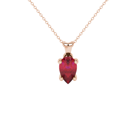 Pear shape raspberry red gemstone pendant, rose gold four-prong setting.